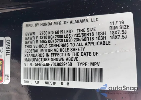 2020 Honda Odyssey Ex-L/Ex-L W/Navi Res from USA, damaged, VIN 5FNRL6H70LB029460